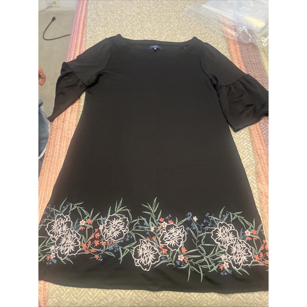 Kari Blue Black Floral Embroidered Bell Sleeve Midi Dress Women Size L